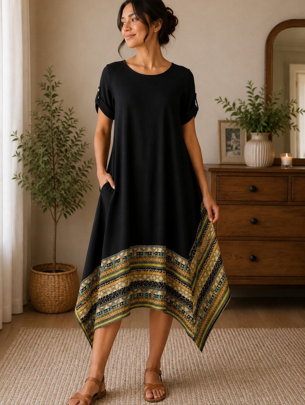 Minibee Linen Cotton Blend Black Asymmetric Tunic with Patterned Geo Hem